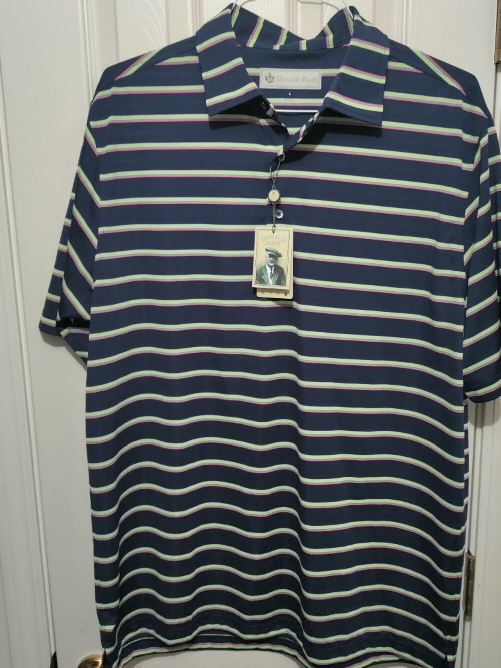 NWT Donald Ross Large Mens Golf Polo Shirt DR574-218 Navy Blue Striped